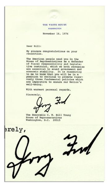 After Losing the 1976 Election, President Gerald Ford Congratulates a Fellow Republican on His Win -- ''...The American people need you in the House of Representatives...''