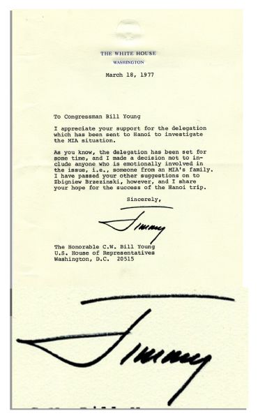 Jimmy Carter Letter Signed as President Regarding Vietnam MIA's -- ''...I made a decision not to include anyone who is emotionally involved in the issue, i.e., someone from an MIA's family...''