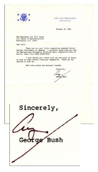 George H.W. Bush Typed Letter Signed After 1983 Beirut Bombing -- ''...our Marines have diligently fulfilled their responsibilities in Beirut, under very tough conditions...''