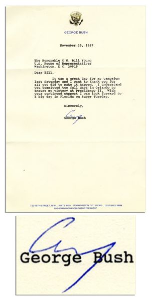 George H.W. Bush Typed Letter Signed as Vice President, Campaigning for President -- ''...to ensure my victory at Presidency II...''
