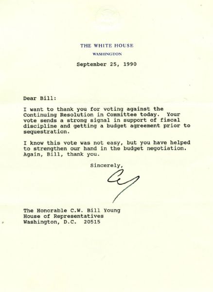 George H.W. Bush Typed Letter Signed as President -- ''...Your vote sends a strong signal in support of fiscal discipline and getting a budget agreement prior to sequestration...''