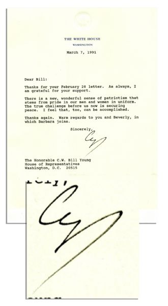 President George H.W. Bush Typed Letter Signed After Gulf War Ended -- ''...There is a new, wonderful sense of patriotism that stems from pride in our men and women in uniform...''