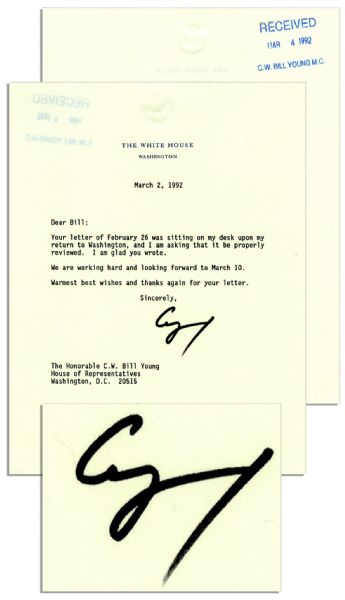 George H.W. Bush Typed Letter Signed as President, Campaigning Vigorously in 1992 for Re-Election -- ''...We are working hard and looking forward to March 10 [Super Tuesday]...''
