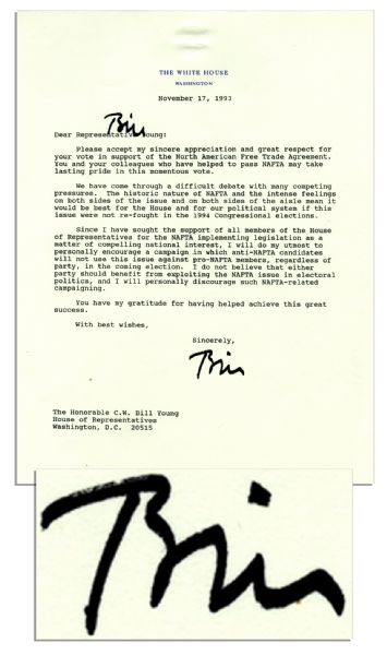 Bill Clinton Typed Letter Signed as President on the Political Juggernaut of His First Term -- ''...I do not believe that either party should benefit from exploiting the NAFTA issue...''