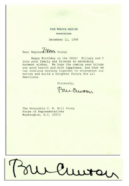 Bill Clinton Typed Letter Signed as President -- Dated 11 December 1998, 8 Days Before the House Voted to Impeach Him