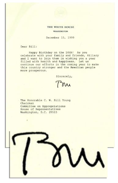 Bill Clinton Typed Letter Signed as President -- 15 December 1999
