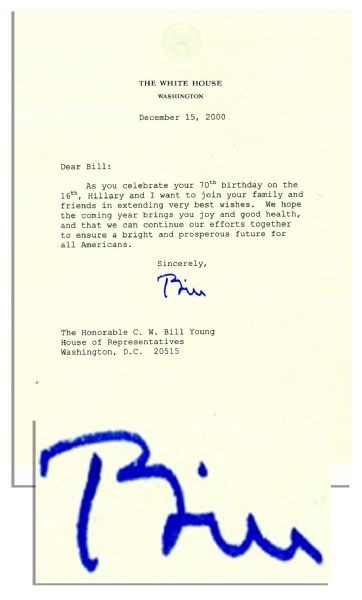 Bill Clinton Typed Letter Signed -- Dated 15 December 2000, the Last Month of His Presidency