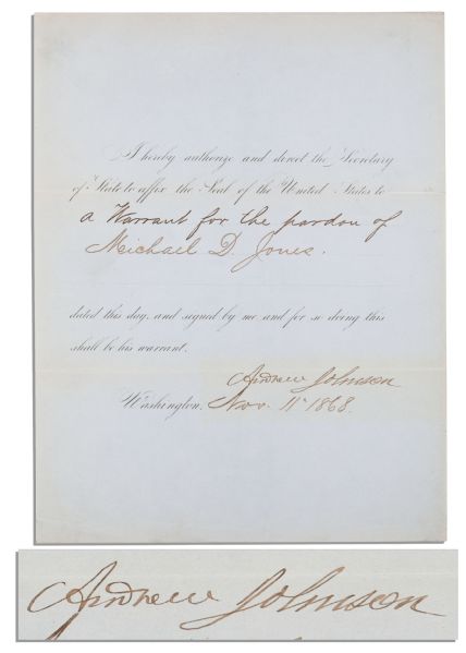 Andrew Johnson 1868 Pardon Signed as President -- With Bold, Clear Signature