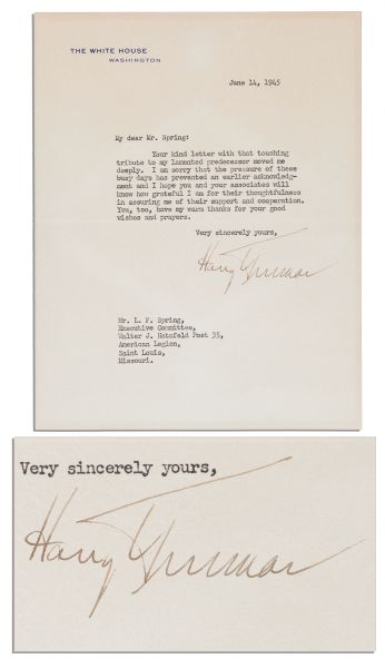 President Harry Truman Letter Signed -- Regarding the Passing of FDR Two Months Earlier -- ''...your kind letter with that touching tribute to my lamented predecessor moved me deeply...''