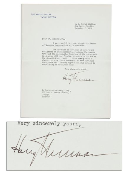 President Truman Letter Signed -- ''...The question of division of powers...of responsibilities between the executive and the legislative branches...is as old as the Constitution itself...''