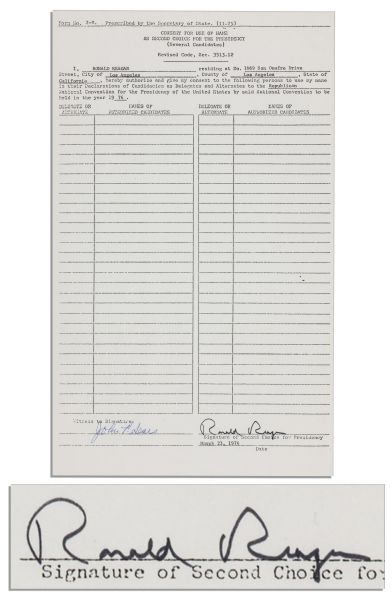 Ronald Reagan 1976 Republican Primary Petition Signed -- Reagan Signs This Ohio Petition to Challenge Gerald Ford in the Primary
