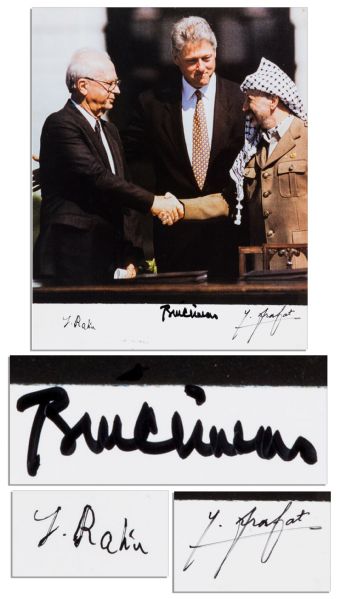 Bill Clinton, Yassir Arafat & Yitzhak Rabin Signed 8'' x 10'' Photo -- Pictured at the Signing of the Middle East Peace Accords at The White House in 1993