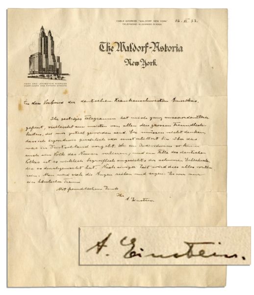 Haunting Albert Einstein Autograph Letter Signed About Nazi Germany -- ''...what is happening in Germany...one will rub one's eyes and say it all was just an ugly dream...''