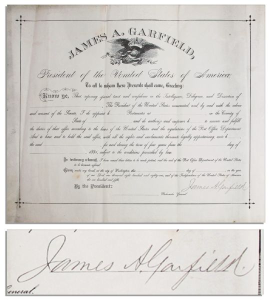 James Garfield Document Signed as President -- Very Rare as Garfield's Presidency Lasted Only 203 Days