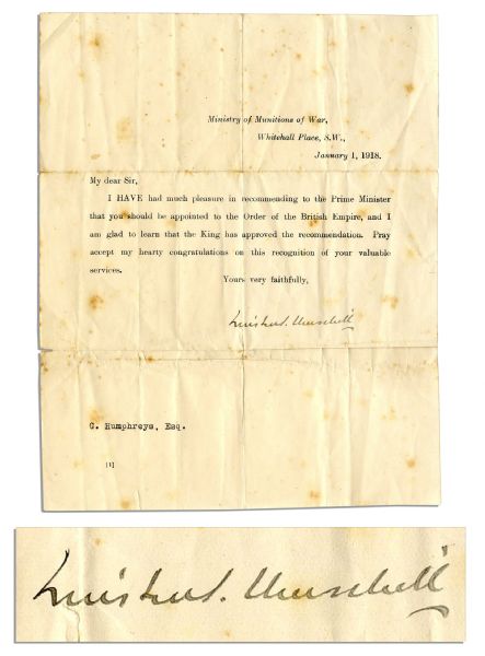 Winston Churchill Typed Letter Signed as Minister of Munitions -- ''...I am glad to learn that the King has approved the recommendation...'' -- 1918