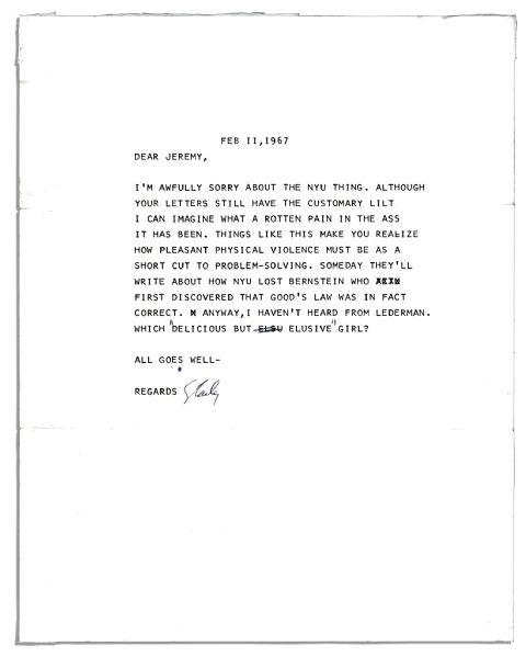 Stanley Kubrick 1967 Typed Letter Signed -- ''...Things like this make you realize how pleasant physical violence must be as a short cut to problem-solving...''