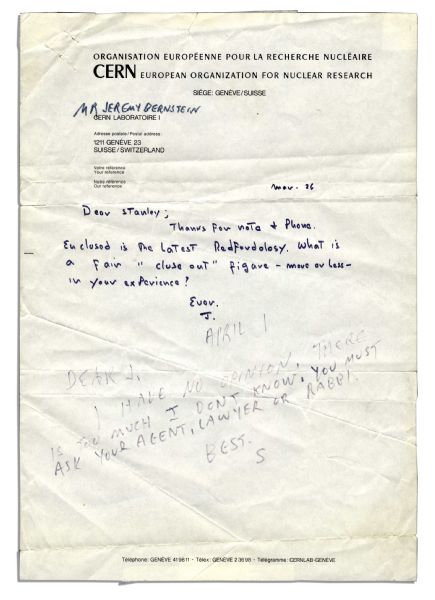 Stanley Kubrick Autograph Note Initialed -- ''I have no opinion. There is too much I don't know. You must ask your agent, lawyer or Rabbi. Best / S''