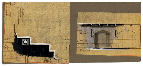 Ben-Hur Original Set Design Artwork -- Two Pencil & Gouache Pieces of the Castles Interior