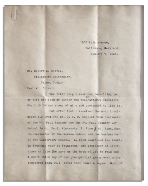 Incredible F. Scott Fitzgerald Typed Letter Signed on His Top 3 Influences as a Writer -- ''...my father...read an utterly imitative Sherlock Holmes story of mine and pretended to like it...''
