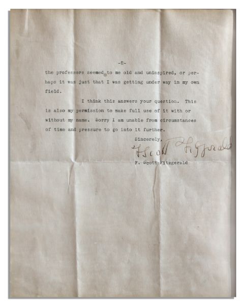 Incredible F. Scott Fitzgerald Typed Letter Signed on His Top 3 Influences as a Writer -- ''...my father...read an utterly imitative Sherlock Holmes story of mine and pretended to like it...''