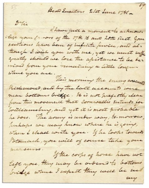 Lafayette Writes Re: the Virginia Campaign to Pin Down Cornwallis Just Four Months Before Yorktown's Surrender Noting That the Enemy Has Left Richmond and Was Possibly Headed to Williamsburg
