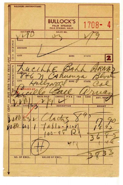Lucille Ball Signed Receipt From Bullock's of Palm Springs