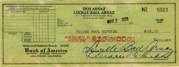 Lucille Ball Check Signed From Joint Account With Desi Arnaz