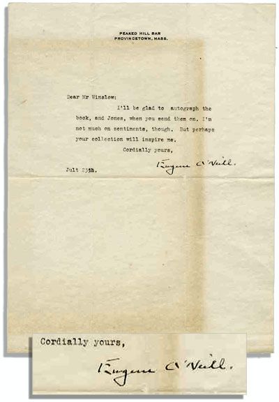 Eugene O'Neill Typed Letter Signed -- ''...I'm not much on sentiments...''