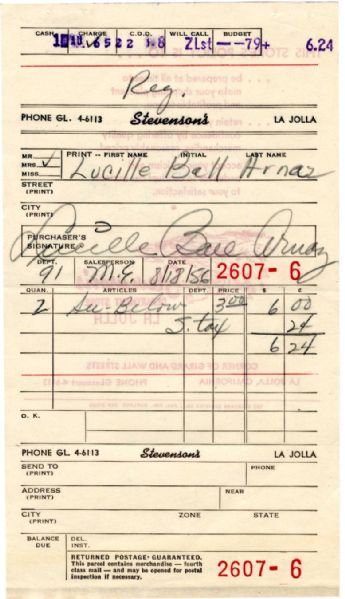 1956 Lucille Ball Receipt Signed -- During the ''I Love Lucy'' Years