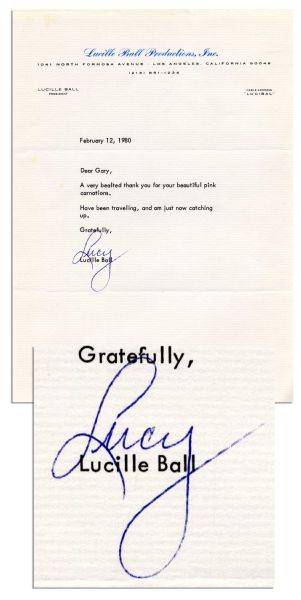 Lucille Ball Typed Letter Signed -- ''...thank you for your beautiful pink carnations...'' -- Near Fine