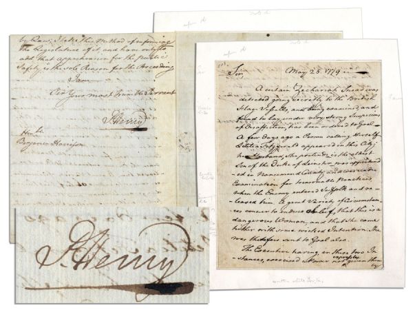 Patrick Henry 1779 Autograph Letter Signed as Governor of Virginia to Benjamin Harrison, Declaration Signer & Speaker of the Virginia House, Regarding the Capture of a Female British Spy