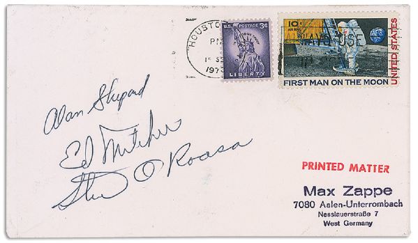 Apollo 14 Crew Signed Envelope -- Ed Mitchell, Stu Roosa & ''Moon Golfer'' Alan Shepard