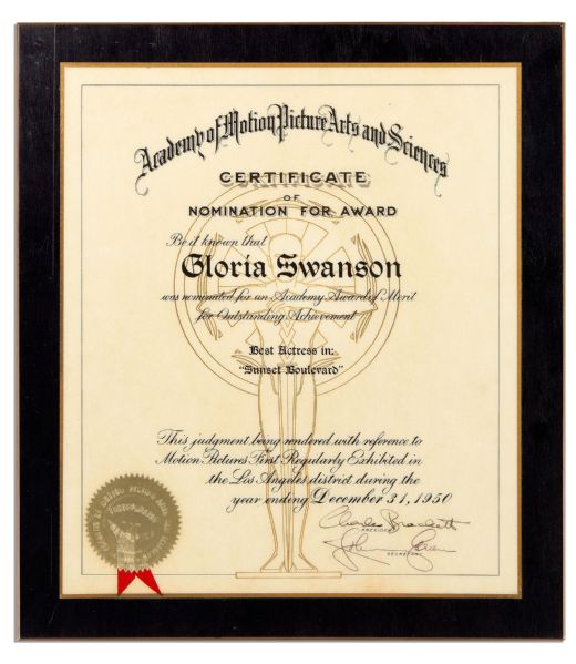 Hollywood Legend Gloria Swanson's Official 1950 Best Actress Academy Award Nomination for ''Sunset Boulevard''