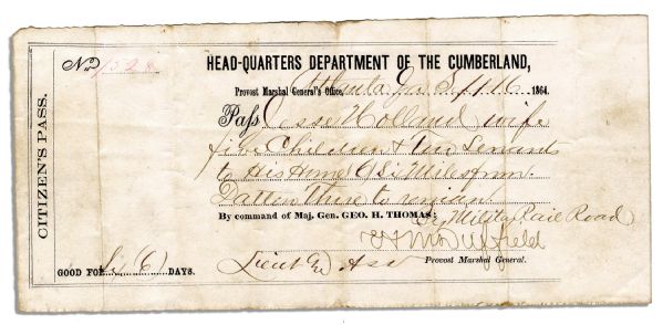 Civil War ''Citizen's'' Railroad Pass From Atlanta, Dated Just Two Weeks After Atlanta Fell to Union Forces