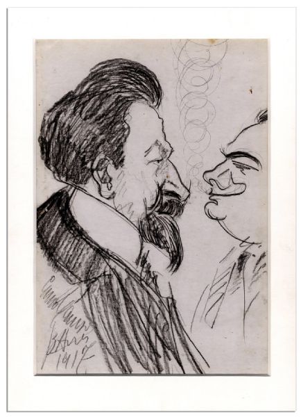 Large 8.5'' x 12'' Self-Portrait Sketch of & by Enrico Caruso -- Shows Caruso With French Bass Pol Plancon