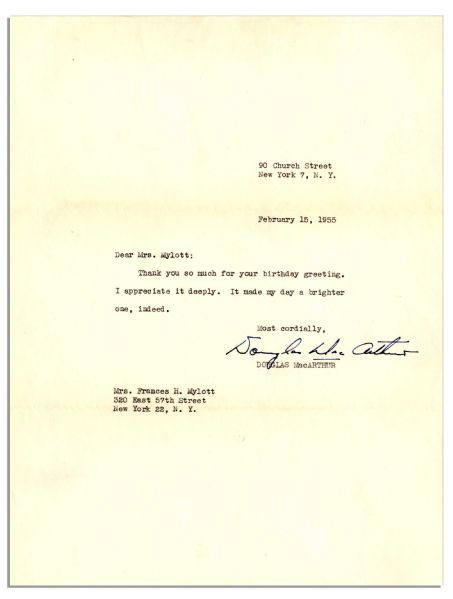 Douglas MacArthur Typed Letter Signed -- ''...it made my day a brighter one, indeed...''