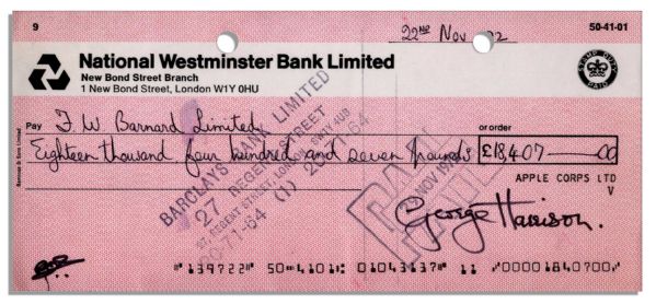 George Harrison Signed Check -- Dated November 1972 at the Creative Height of His Solo Career