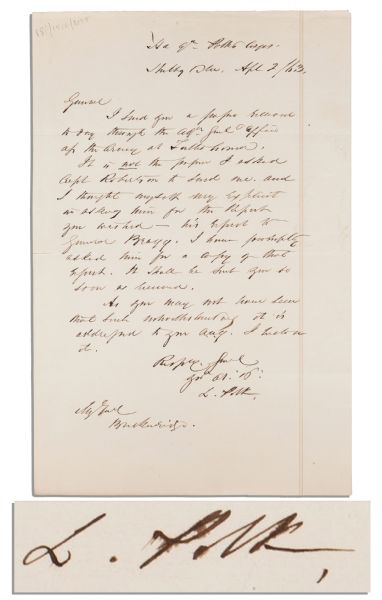 Confederate General Leonidas Polk Civil-War Dated Autograph Letter Signed, to General John C. Breckenridge -- ''...I thought myself very explicit in asking...''
