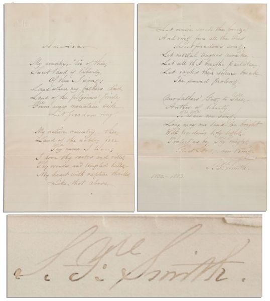 Samuel Francis Smith Handwritten & Signed Copy of ''America'' -- His Magnum Opus, Also Titled ''My Country, 'Tis of Thee''