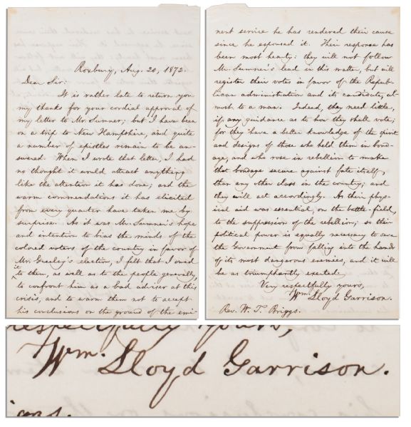 Fantastic Content William Lloyd Garrison Autograph Letter Signed From Reconstruction -- ''...it was Mr. Sumner's hope and intention to bias the minds of the colored voters of the country...''