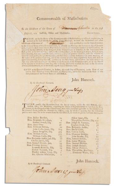 John Hancock 1792 Broadside Regarding Massachusetts -- Signed Twice by John Avery