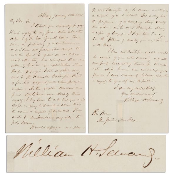 William Seward Autograph Letter Signed -- Regarding the Supreme Court Case ''Jones vs. Van Zandt'' -- Seward Defended Van Zandt, an Ohio Abolitionist Who Helped to Free Slaves