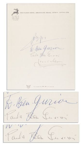 David Ben-Gurion & Paula Ben-Gurion Signatures -- Signed in Jerusalem