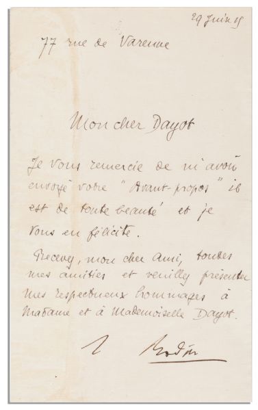 Auguste Rodin Letter Signed From Paris