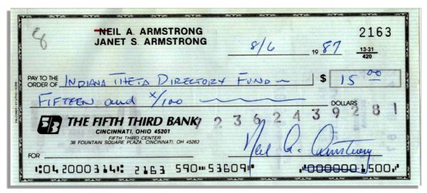Neil Armstrong Check Signed ''Neil A. Armstrong'' -- Made Out in His Hand to His Fraternity at Purdue University