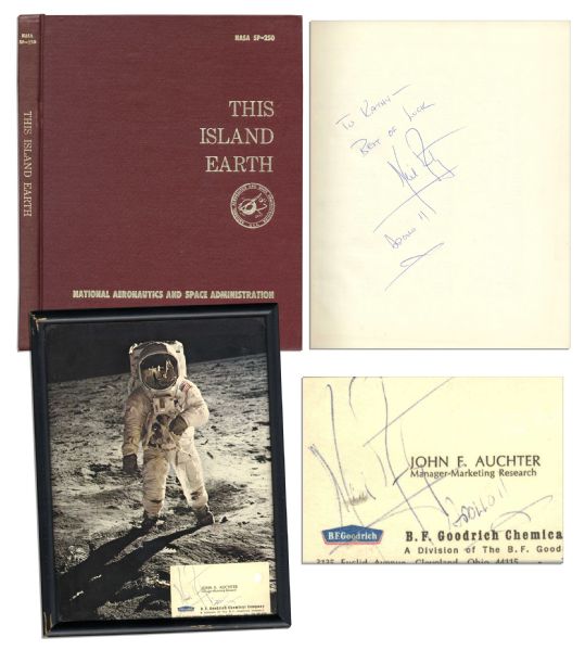 Two Neil Armstrong Signed Items -- NASA Book & Business Card 