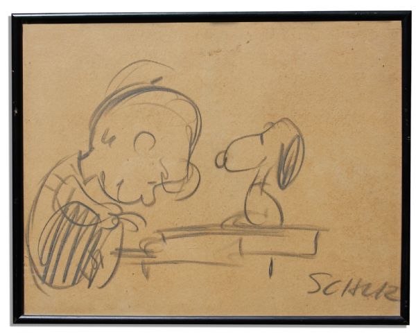 Charles Schulz Giant Drawing of Snoopy & Schroeder at His Piano -- Measures 18.5'' x 14.75''