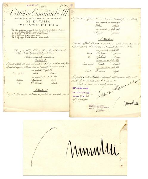 Benito Mussolini WWII Document Signed -- ''...By the grace of God and the will of the nation, King of Italy...'' -- Also Signed by King Emmanuel III -- Dated 20 December 1937