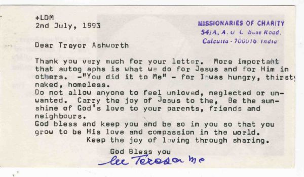 Mother Teresa Typed Letter Signed From Calcutta, India --''...Do Not Allow Anyone To Feel Unloved, Neglected Or Unwanted...''