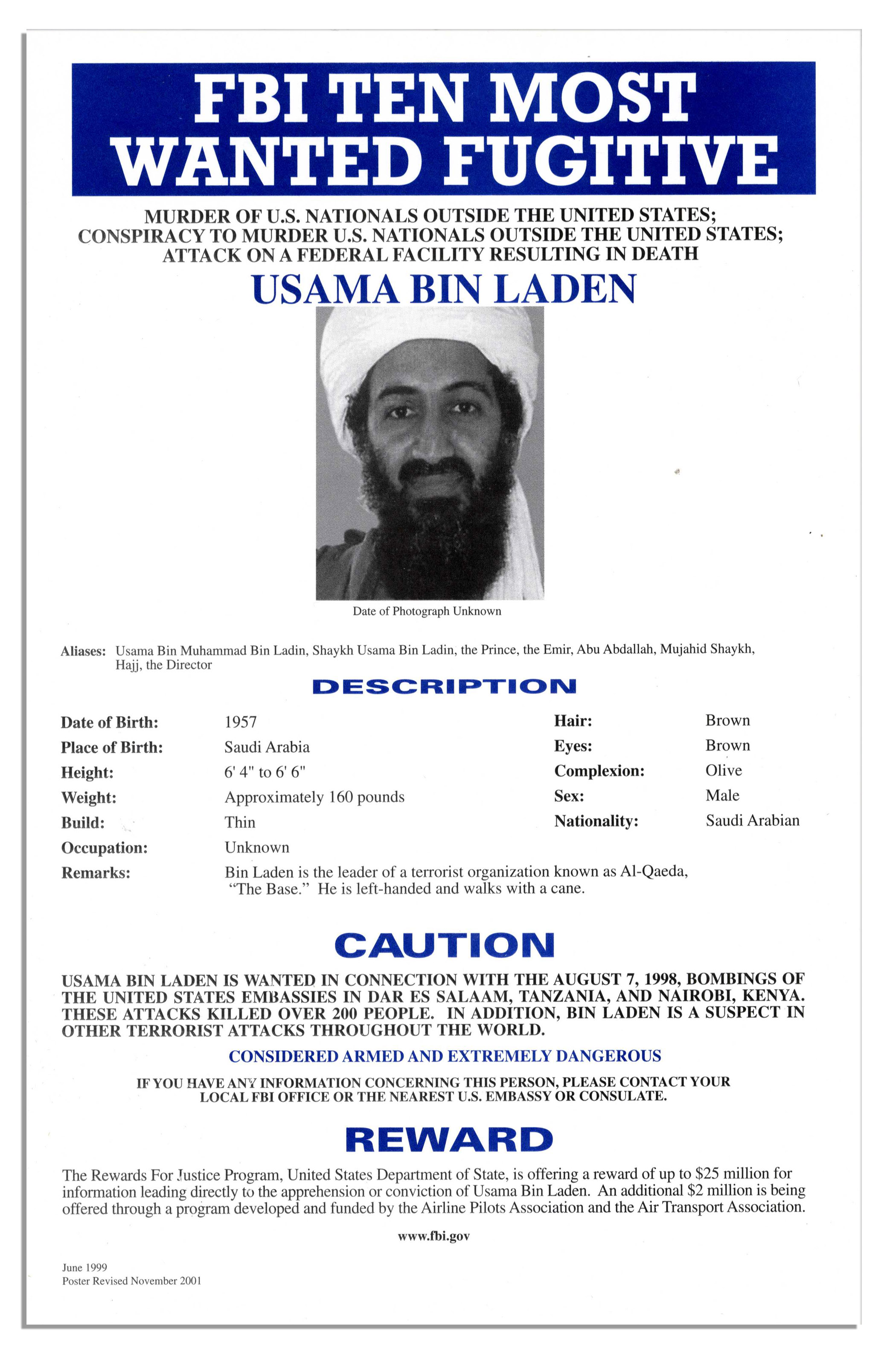 Lot Detail Original FBI Ten Most Wanted Poster For Osama Bin Laden